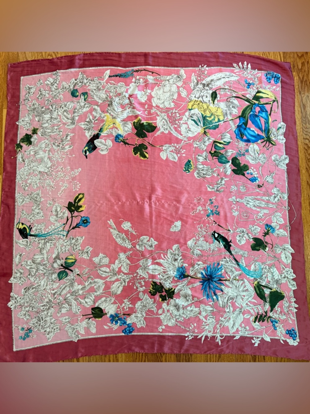 Unbranded 100% Silk Made In France Carre Scarf Birds Floral